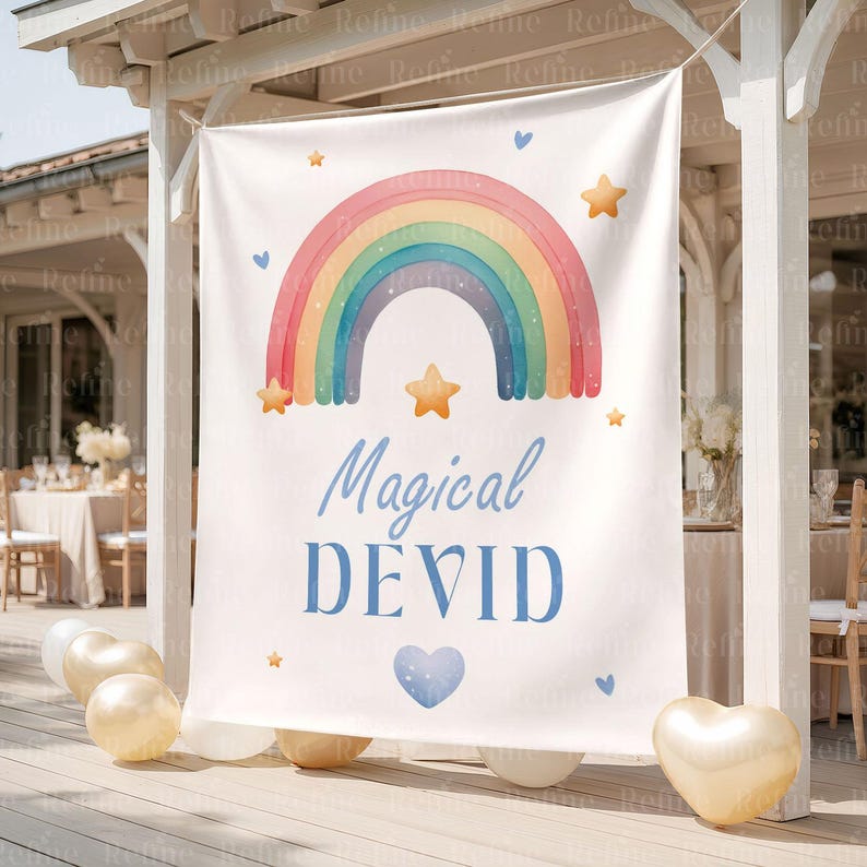 Op de afbeelding: Een witte banner met een aquarel regenboog, sterren en harten. De banner leest "Magical DEVID" in blauw script. Gouden en witte ballonnen staan op de voorgrond, met een vage buitenomgeving op de achtergrond.