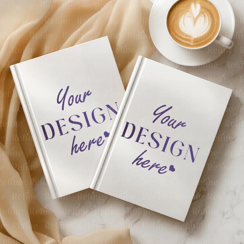 May include: Two white hardcover books with the text "Your DESIGN here" in purple script. A cup of coffee with latte art sits on a white saucer. The books are on a cream-colored fabric.