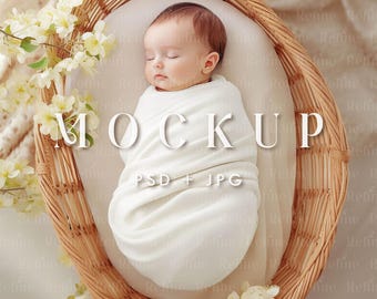Newborn Swaddle Mockup, Baby Blanket PSD Template, Boho Infant Photo Mock-up