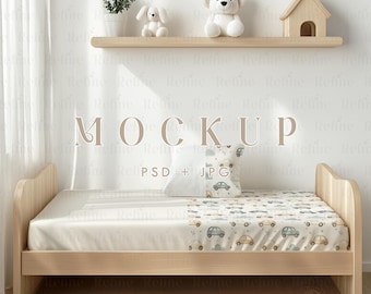 Krippe Sheet Mockup PSD, Kinderzimmer Bettwäsche Vorlage, Baby Sheet und Kissen Mockup, bearbeitbares Bettwäsche Mockup, Boho Stoff und Textildesign PSD