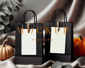 Halloween Party Gift Bag Tags Mockup, Favor Tag Fall Autumn Present Package Label Mockups