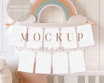 Baby Photo Banner Mockup, Monthly Milestone Garland Card Mock up, Birthday Bunting Pennant Mock-ups
