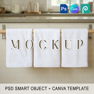 May include: Three white waffle-weave towels hanging on a wooden rod. The word "MOCKUP" is displayed across the towels. The image also includes the text "PSD SMART OBJECT + CANVA TEMPLATE".