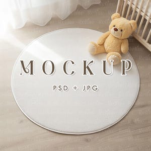 Runder Teppich Mockup, Boho Teppich PSD, Babyzimmer Teppich Vorlage, Kinderzimmer Teppich Mockup, Textilteppich Design PSD, leerer Babyteppich Mockup
