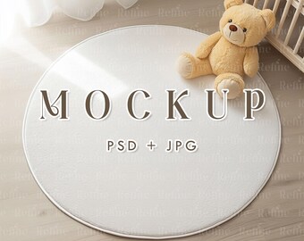 Round Rug Mockup, Nursery Rug Mock up, Baby Room Circular Carpet PSD Template
