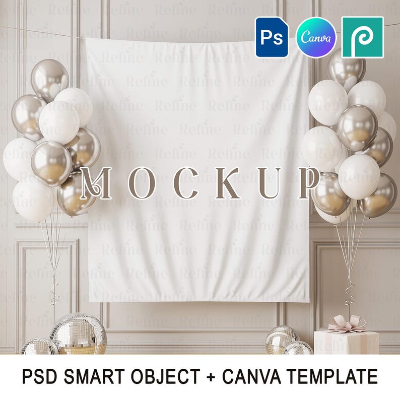 May include: A mockup scene featuring a white backdrop with the word "MOCKUP" in the center. Silver and white balloons are arranged on either side. The text "PSD SMART OBJECT + CANVA TEMPLATE" is at the bottom.