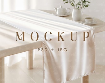 Table Runner Mockup, Textile Fabric Table Cloth PSD Template, Kitchen Linen Decor