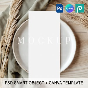 Wedding Dinner Menu Card Mockup 4x9, Program Cards PSD PNG Canva Table Setting Mock-up