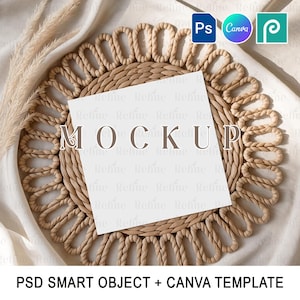 Vierkante kaartmodel canvas, uitnodigingskaartmodel 5 x 5, boho-wenskaartmodel, cadeaukaart digitaal mockup PSD smart-object en canvas