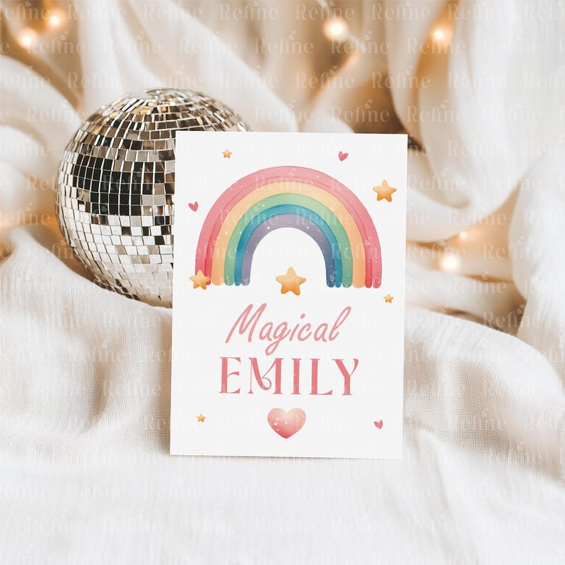 Puede incluir: Una tarjeta blanca con un dise&ntilde;o de arco&iacute;ris en acuarela, estrellas y corazones. El texto "Magical EMILY" est&aacute; escrito en rosa. Una bola de discoteca est&aacute; en el fondo.