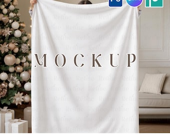 Christmas Blanket Mockup, Holiday Plush Fleece Blanket Canva Mock up, Winter Gifts Textile Mock-ups