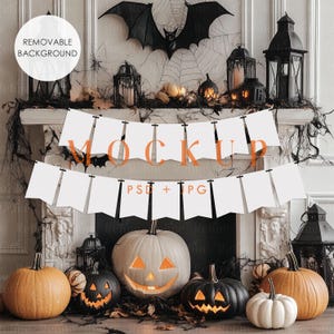 Flag Banner Mockup, Garland Mockup, Hanging Card Mockup, Happy Halloween Banner, Halloween Party Bunting Mockup PSD, Spooky Banner Mock Up