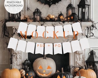 Halloween Photo Banner Mockup, Paper Flag Garland Card PSD Mock up Removable Background