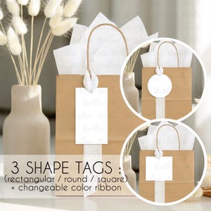 Può includere: Sacchetti regalo in carta kraft con carta velina bianca, un nastro bianco e un'etichetta bianca. L'immagine mostra tre forme di etichette: rettangolare, rotonda e quadrata. Il testo sull'immagine recita "3 Etichette di forma: (rettangolare / rotonda / quadrata) + nastro colorato modificabile."