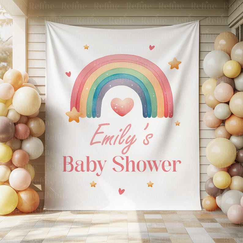 K&ouml;nnte beinhalten: Ein wei&szlig;es Banner mit einem Aquarell-Regenbogen, Sternen und Herzen. Der Text "Emily's Baby Shower" ist in rosa Schrift gehalten. Ballons in Pfirsich-, Creme- und Braunt&ouml;nen befinden sich auf beiden Seiten des Banners.