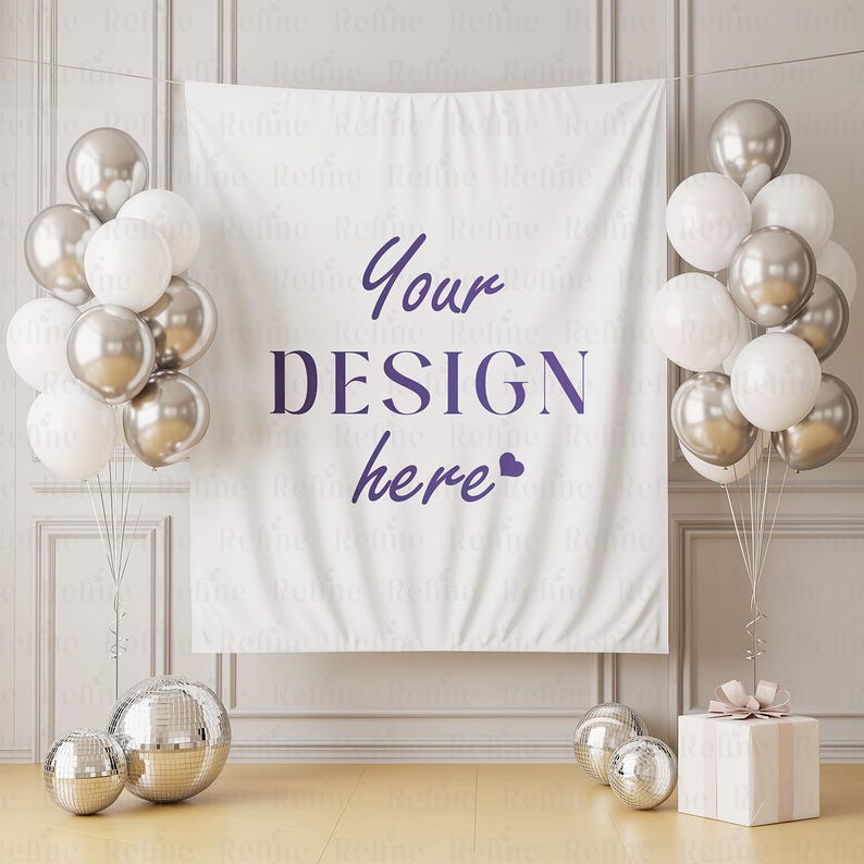 May include: A white banner with the text "Your DESIGN here" is suspended between two clusters of silver and white balloons. The scene includes disco balls and a wrapped gift box, creating a festive atmosphere.