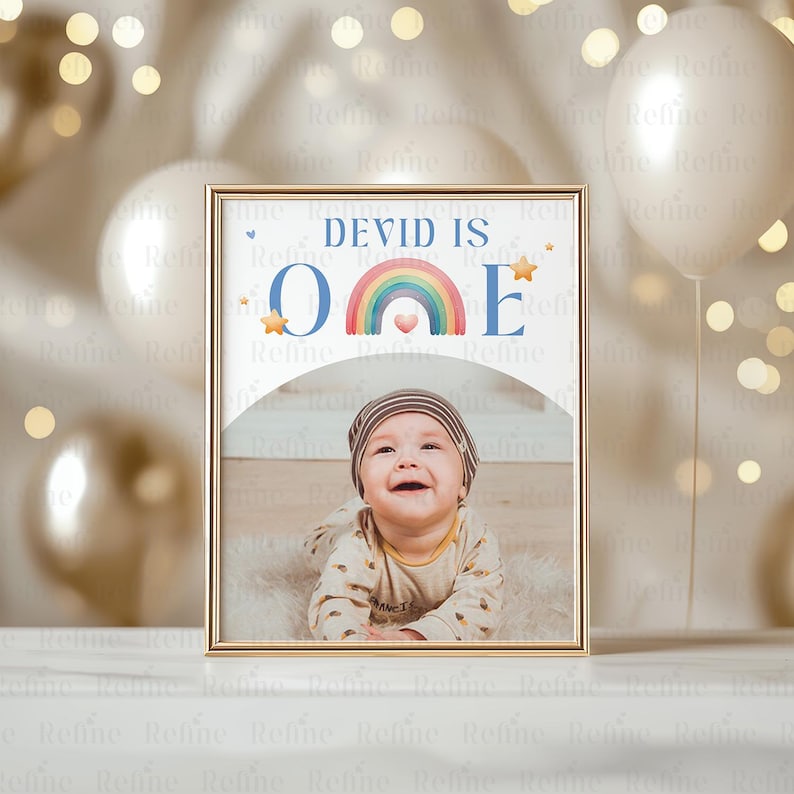 May include: A blue and white printable sign with a rainbow and stars. The sign says "DEVID IS ONE" and has a space for a photo. The photo shows a baby boy smiling.
