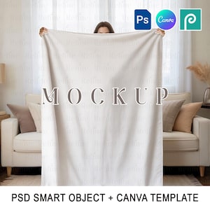 May include: A cream-coloured blanket mockup held up in front of a sofa with decorative cushions. The word "MOCKUP" is printed on the blanket. The image also includes the logos for Photoshop, Canva, and a design platform.