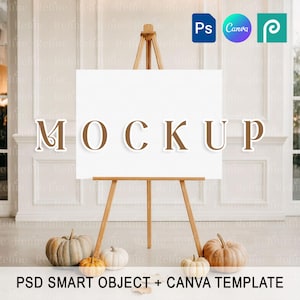 May include: A wooden easel with a white canvas, displaying the word "MOCKUP" in brown letters. The scene is decorated with pumpkins in various sizes and colors. The image also includes the text "PSD SMART OBJECT + CANVA TEMPLATE".