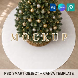 May include: A circular white Christmas tree skirt positioned under a decorated evergreen tree with gold and silver ornaments. The text MOCKUP is centered in gold letters. The image includes PSD SMART OBJECT + CANVA TEMPLATE text at the bottom.