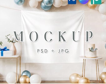 Tapestry Mockup PSD Canva, Kids Party Tapestry PNG Mock up, Wall Banner Backdrop Template