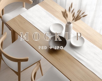 Elegante mockup di runner da tavola in stile boho, tovaglia da cucina e modello PSD in tessuto di lino.