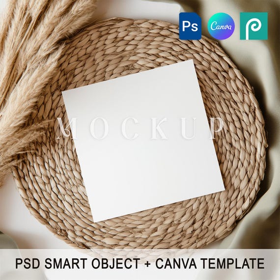 Square Card Mockup, 5x5 Greeting Card PSD Canva Template, Wedding Invitation Mock up