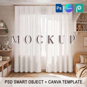 Transparent Window Curtains Mockup, linen curtain mockup, Sheer Nursery Curtain Canva PNG Mockup, Kids Room Curtain PSD Smart Object Mockup