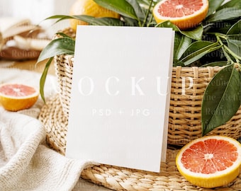 Folded Wedding Program Card Mockup PSD, Boho Booklet & Invitation Card Mock-up, Folded Invitation Template, Summer Beach Folded Card Mockup