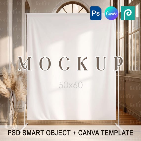 Wall Tapestry Mockup, 50x60 Fabric Backdrop PSD PNG Mockup, Banner Wedding Nursery Canva Template