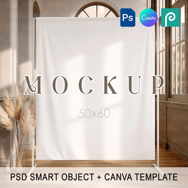May include: A white fabric mockup with the word "MOCKUP" in brown letters. The dimensions are 50x60 inches. The mockup is supported by a white metal frame. The image includes the logos for Photoshop, Canva, and a third logo.