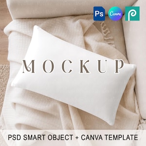 May include: A rectangular white pillow mockup featuring the text MOCKUP centered on the surface. The pillow rests on a textured cream-colored fabric. The image includes icons for Photoshop, Canva, and a template label reading PSD SMART OBJECT + CANVA TEMPLATE.