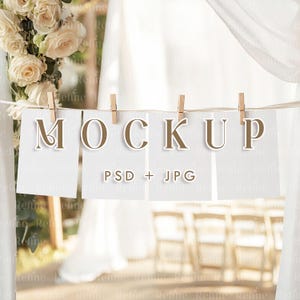 Vier Hängekarten Mockup, Foto Banner PSD Mockup, Boho Girlanden Karte Mockup 5x7, Hochzeits oder Geburtstagsparty Girlande Design Vorlage