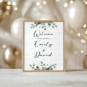 May include: A gold-framed sign with a white background and green foliage design. The sign reads "Welcome to our wedding Emily & David".