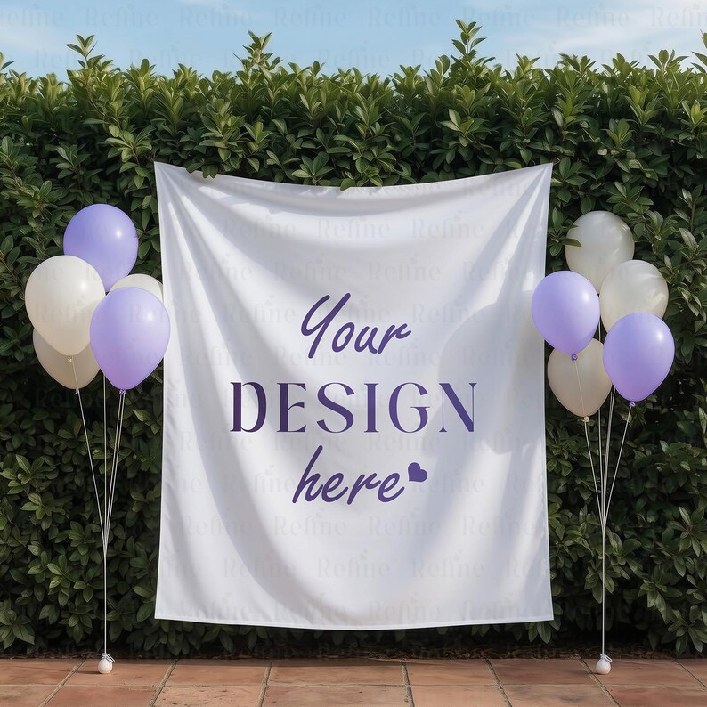 May include: A white banner with the text "Your DESIGN here" in purple, flanked by clusters of balloons in white and lavender. The banner hangs in front of a green hedge, creating a backdrop for events.