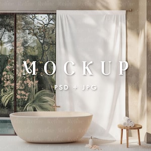 Shower Curtain Mockup PSD JPG, Bathroom Curtain Mock-up for Pattern Designers, Hanging Curtain Mockup, Spa Bathroom Scene Curtain Mockup