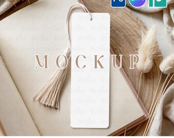 Boho Lesezeichen Mockup PSD, Lesezeichen mit Quaste, leeres Lesezeichen Mockup, Taufe Lesezeichen Mockup, Babyparty Lesezeichen Canva PNG Mockup