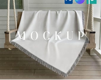 Fringe Blanket Mockup, Throw Blanket on Swing Template PSD Canva