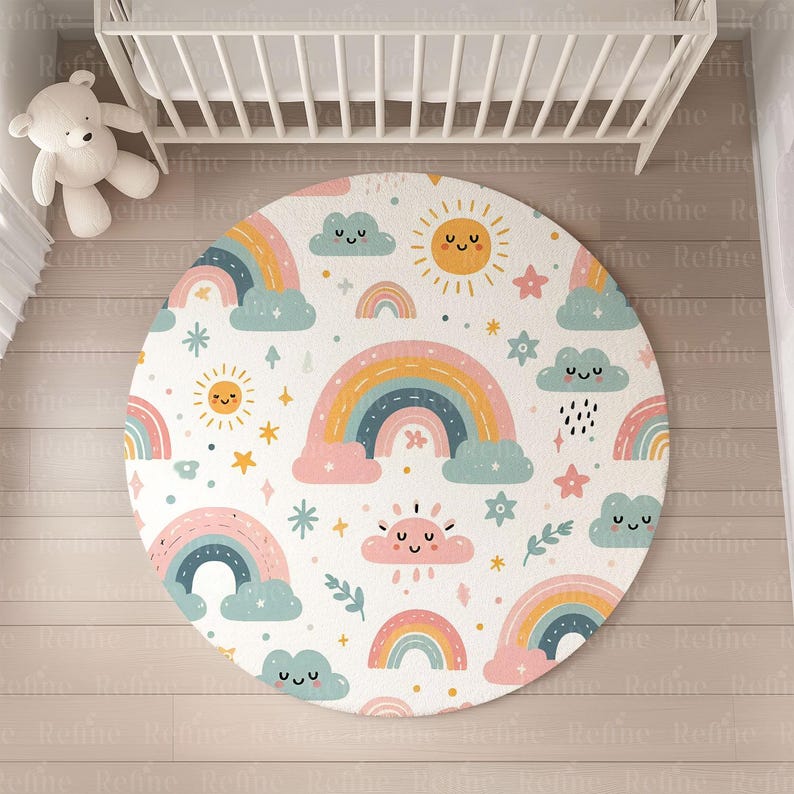 May include: A round, white play mat with a colorful rainbow, cloud, and sun pattern. The mat features a repeating pattern of rainbows, clouds with smiling faces, and suns with smiling faces. The colors are pink, yellow, blue, green, and orange.