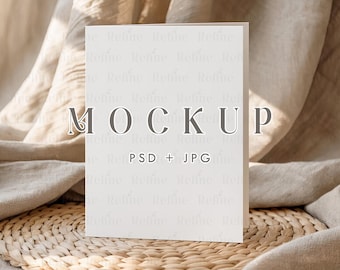 Folded Invitation Card Mockup, Boho Wedding Program PSD, Vertical Greeting or Ceremony Booklet Mock-up