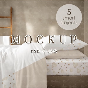 Bedding Duvet and Pillow Cover Mockup, Blank Bed Set PSD Mockup, Bedroom Decor Mockup, Bed Linen Display, Minimal Smart Object PSD Mock up