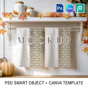 Fall Kitchen Towel Mockup Set, Autumn Pumpkin Tea Towel Canva Mockup, Boho Hand Towel Mock up PSD, Towel Mock Up Template, Fall Linen Mockup