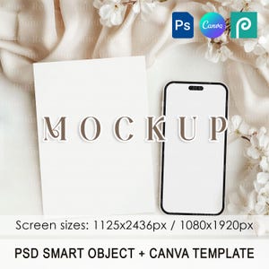 Karten- und Telefon-Mockup, iPhone-Einladungskarte Mockup, Boho-Hochzeitseinladung und Telefon-Mockup, Smartphone-Digital-Kartenmockup, ziehen und ablegen Canva