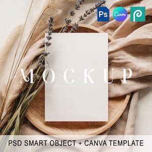 Mockup de convite Boho 5x7, mockup de convite de cartão de arte Canva, mockup de cartão de felicitações de papelaria para aniversário ou casamento, mockup de cartão vertical PSD PNG