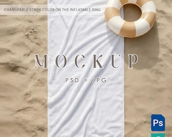 Maqueta de toalla de playa, plantilla PSD de toallas de verano de 30 x 60, maqueta de tela de baño de algodón.