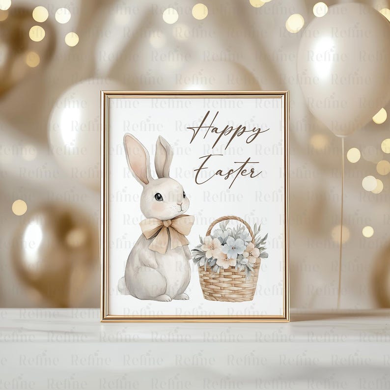 May include: A printable sign with a watercolor illustration of a white bunny holding a basket of flowers. The text "Happy Easter" is written in brown lettering.