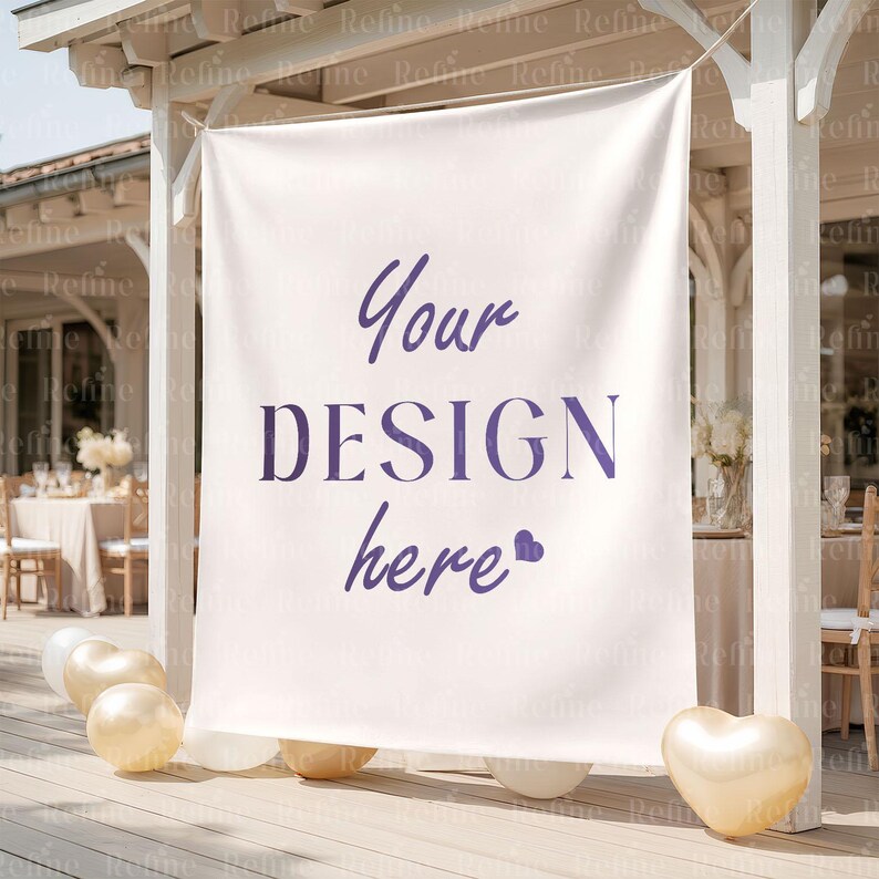 Op de afbeelding: Een witte banner met de tekst "Your DESIGN here" in paars, hangend aan een houten constructie. Gouden en witte ballonnen liggen op het houten dek voor de banner. De sc&egrave;ne speelt zich buiten af.