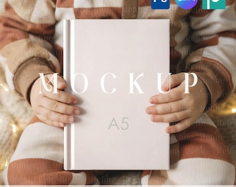 Mockup di quaderno PSD Canva, mockup di diario con copertina rigida, mockup di album fotografico per bambini