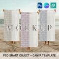 Beach Towel Mockup Set, Three Flat Lay Sublimated Towel PSD, Summer Bath Fabric Design PNG Mock-up, Customizable Towel for Branding Canva product logo