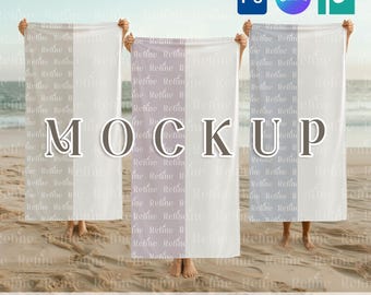 Maqueta de toalla de playa, tres toallas planas sublimadas PSD, maqueta PNG de tela para baño de verano, toalla personalizable para marca Canva